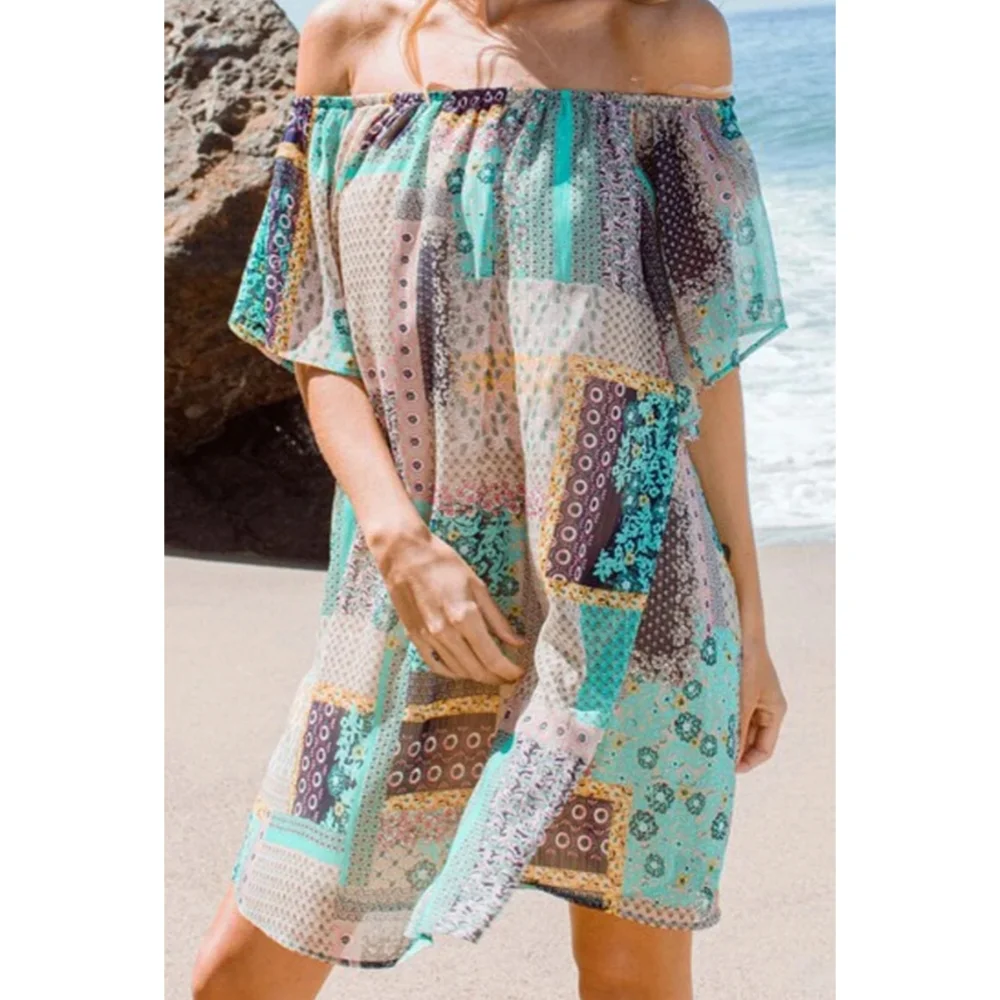 41 Teal flowy boho patchwork off the shoulder flounce sleeve tunic dress - Picture 2 of 5